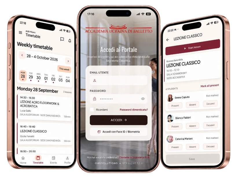 AUB Academy app on three phones: weekly timetable, portal sign-in and class attendance