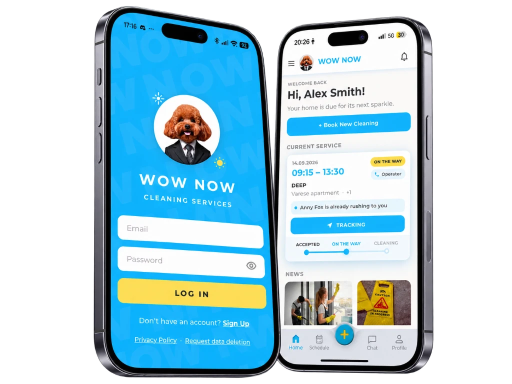 WOW NOW customer app on two phones: sign-in screen and home screen with cleaning tracking