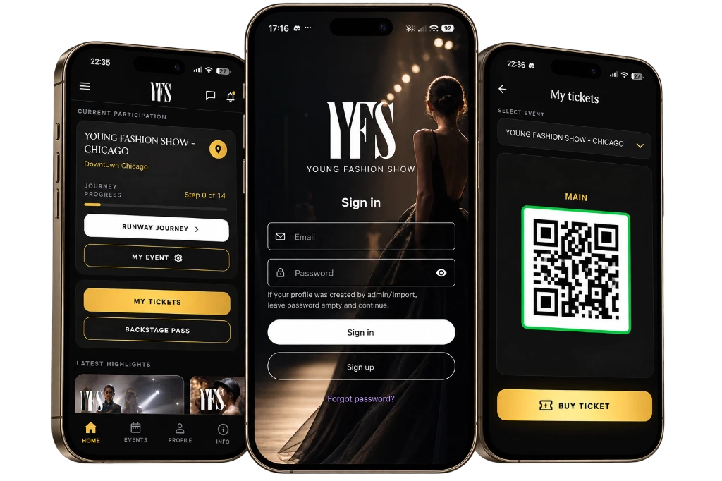 Young Fashion Show app on three phones: event journey, sign-in and QR ticket